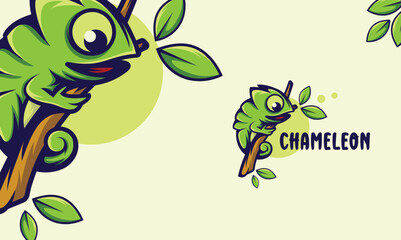 Chameleon on the tree branch cartoon vector logo illustration © veclore