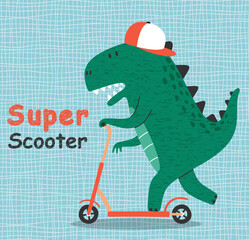 cute dinosaur riding kick scooter. 