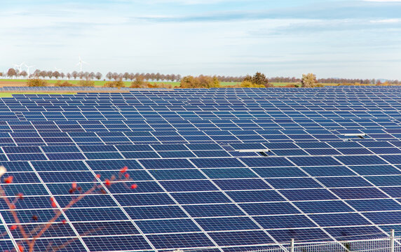 Solar panels on a farm. Solar power station in landscape scenery