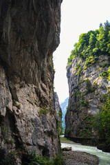 Aareschlucht Gorge, Switzerland - 30 July 2022 , Aareschlucht Gorge formed for thousands of years by the Aare Glacier.
