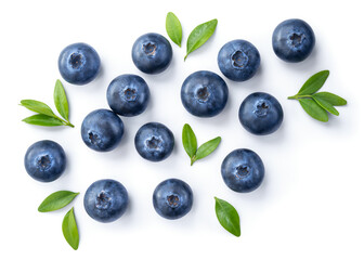 Blueberry isolated. Blueberries top view. Blueberry with leaves flat lay on white background with...