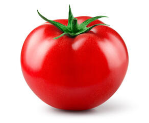 Tomato isolated. One tomato on white background. Perfect retouched red tomato side view. With clipping path. Full depth of field.
