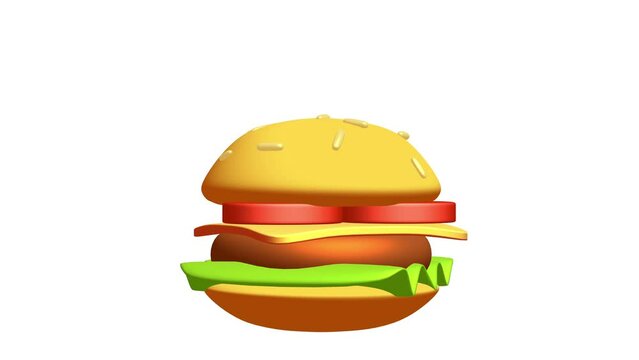 Hamburger or cheeseburger with cutlets, cheese, tomatoes, and other. 4K FullHD and HD render footage animation