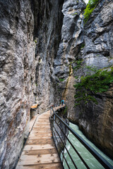 Aareschlucht Gorge, Switzerland - 30 July 2022 , Aareschlucht Gorge formed for thousands of years by the Aare Glacier.