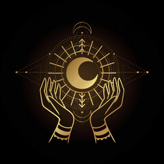 Moon Mystical logo. Vector Illustration. Minimalist Line art Style.