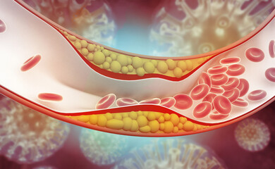 Cholesterol plaque in artery on science background. 3d illustration