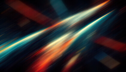 Glow motion. Blur light. Bokeh rays. Defocused fluorescent blue orange red color radiance on dark black collage futuristic abstract background.