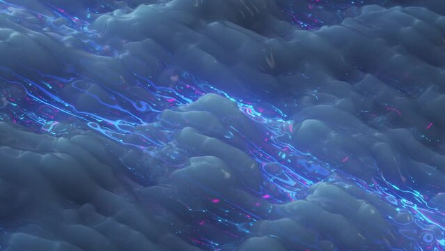 Flowing stream of glowing particles and lines. Future technology and data transfer concept. 3D render seamless loop animation