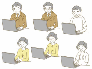 ノートパソコンを操作するシニア男女のイラスト素材セット