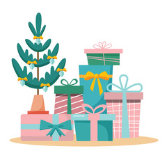 Colorful gift boxes and Christmas tree for holiday celebrations. Gifts for Christmas, New Year. Vector illustration for print or web