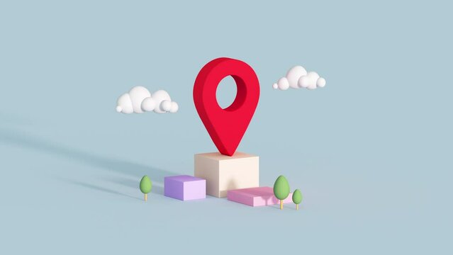 Minimal cartoon style buildings and map pin. 3D render animation