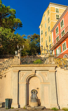 Beautiful stairs and fountain in old town of Bastia, leading from old harbor to citadel. Corsica, France.