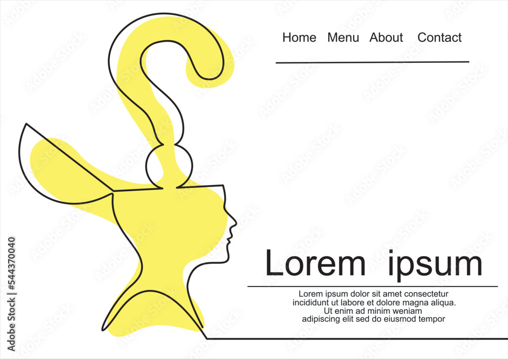 Poster the head of a man with a question mark is drawn by a single black line on a white background. contin