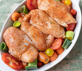 Chicken breast raw, uncooked and seasoned with vegetables in a casserole dish