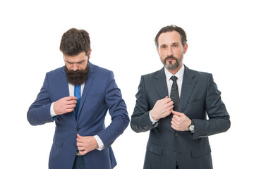 Team of innovators. Men successful entrepreneurs white background. Business team. Business people concept. Men bearded wear formal suits. Well groomed business men. Partnership and teamwork