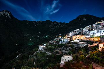 Fototapeta na wymiar Night view of Albori, a village on the Amalfi coast in Italy.