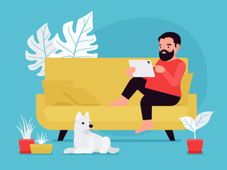Cozy home office, man working at sofa. Successful remote or distant work, hybrid workplace, flexible working time, perform to full potential, business performance. Vector creative vibrant illustration