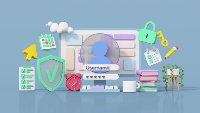 Secure login and password concept. Online registration and sign up. Minimal cartoony style 3D Render animation
