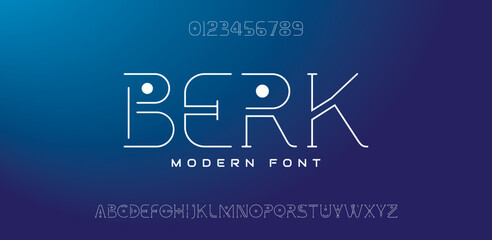 BERK, minimal line font. Alphabet letter fonts for tech. Typography modern style font set for logo, Poster, Banner. Vector typeface illustration.	