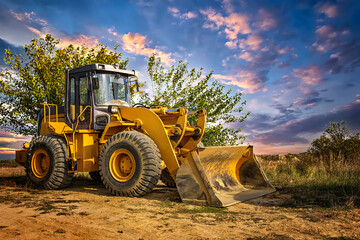A bulldozer or loader moves the earth at the construction site against the sunset sky © EdVal