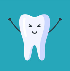 Vector illustration of character tooth. Isolated on a blue background white tooth with arms and legs. Children's tooth design. Emotion.