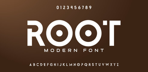 ROOT Abstract digital modern alphabet font. Logo creative font, type, technology, movie, digital, music, movie. Font and illustration in vector format.