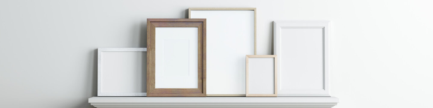 Gallery wall mockup, set of frames on the wall, banner mockup, 3d render