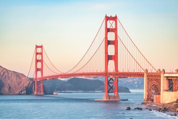 Fototapeta na wymiar Beautiful view of the Golden Gate Bridge in San Francisco, pastel colors. Concept, travel, world attractions
