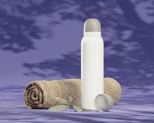 Mock-Up einer Sprühdose für Deodorant und Sprays vor einfarbigem Hintergrund mit Handtuch