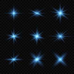 Blue lens flares set. Isolated lights on transparent background. Glow flare light effect. Vector image