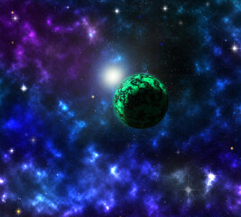 3d illustration of a green planet against the background of stars and nebulae in the universe