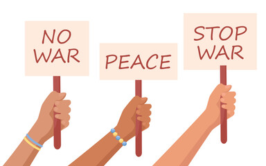 Hands holding placards against war