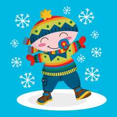 Illustration of a baby boy dressed in winter clothes walking under the snow
