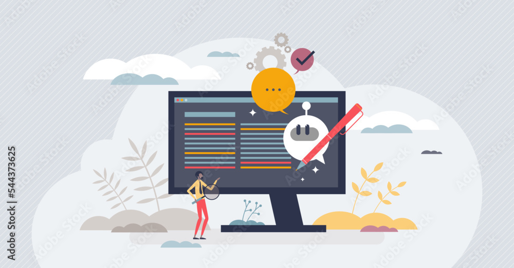 Poster ai or artificial intelligence automatic story blog posts tiny person concept. robotic writing news p