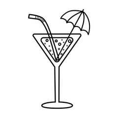 Cocktail doodle icon. Hand drawn outline bar drink with umbrella.