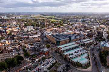 Fototapeta na wymiar Aerial view directly above Peterborough city centre
