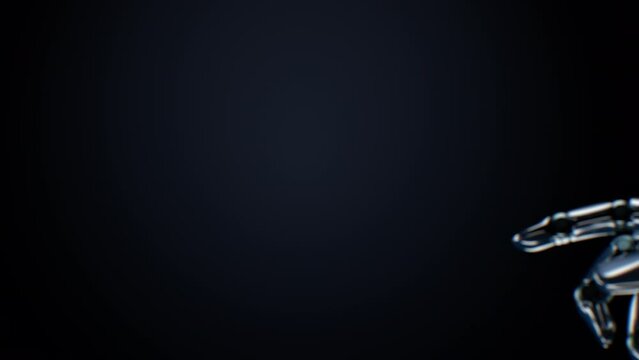 Robot Arm Touch the Screen Close-up 3d Animation Alpha Mask Z-Depth. Metal Finger Push Blue Virtual Glowing Button. Prosthetic Hand. Artificial Intelligence and Machine Learning Concept 4k 3840x2160.