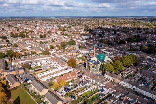 Aerial view of a Muslim neighbourhood in Peterborough with local Mosque