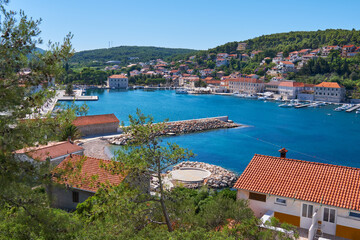 Jelsa, Hvar island in Croatia. Scenic summer day view of the city of Jelsa, bird view from hill....