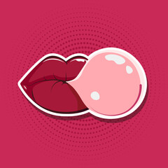 Comic Lip with bubble gum in pop art retro style. Vector illustration