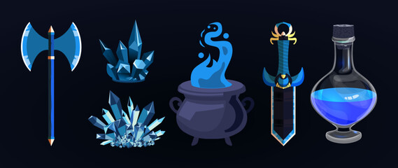 A set of fantasy items. Props for witchcraft. Axe, crystals, cauldron, dagger, potion bottle. Ritual weapons, blue boiling var, bubbling elixir. Vector game graphics. Mobile game icons.
