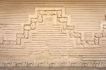 Detail of friezes depicting fishes and pelicans in Tschudi Palace, Chan Chan, Trujillo, Peru