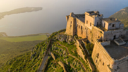 Aerial view on Santa Caterina castle located on Favignana island in Sicily, Italy. It was built on...