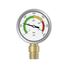 High pressure gauge with brass fitting. Instrument for measuring pressure. Vector illustration.