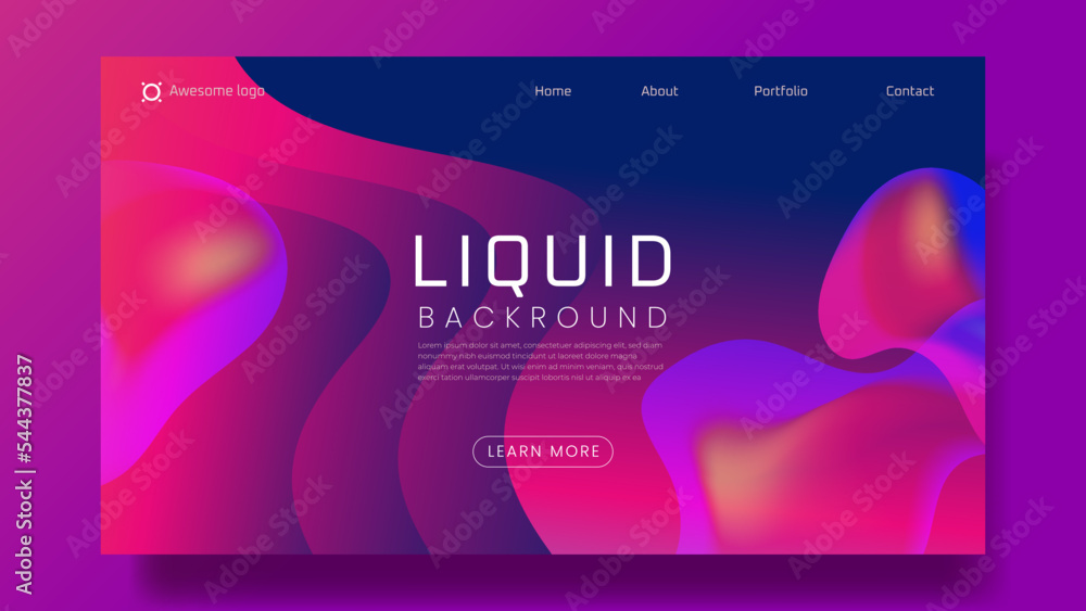 Poster liquid color background landing page design. fluid gradient shapes composition
