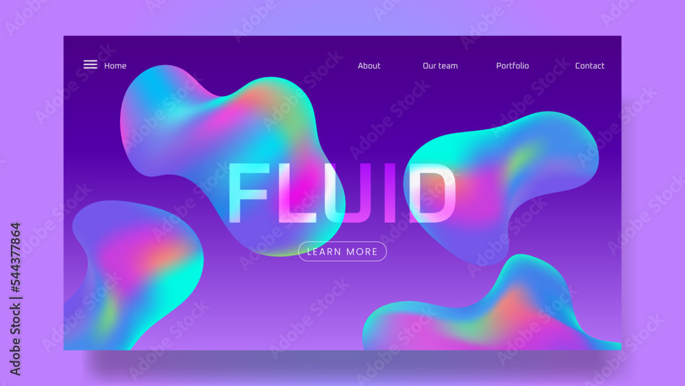 Poster liquid color background landing page design. fluid gradient shapes composition