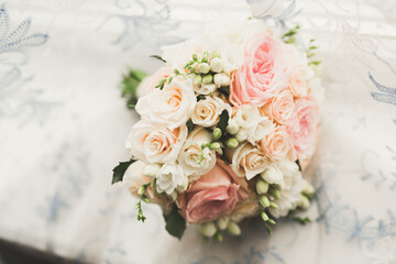 Beautiful wedding bouquet with different flowers, roses