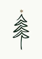 Continuous One Line Drawing Of Christmas Tree In Dark Green Color On Off-White Background. Hand Drawn Simple Vector Illustration In Linear Modern Style. Ideal For Holiday Greeting Cards.