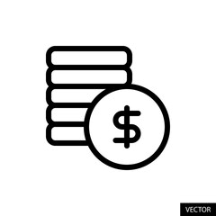 Coins stack, Revenue, Money vector icon in line style design for website, app, UI, isolated on white background. Editable stroke. Vector illustration.