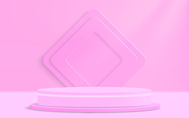 3d cylinder podium display on pink geometric platform. Vector rendering of podium pedestal shape for product presentation, showcase, mock up. Minimal stage scene platform